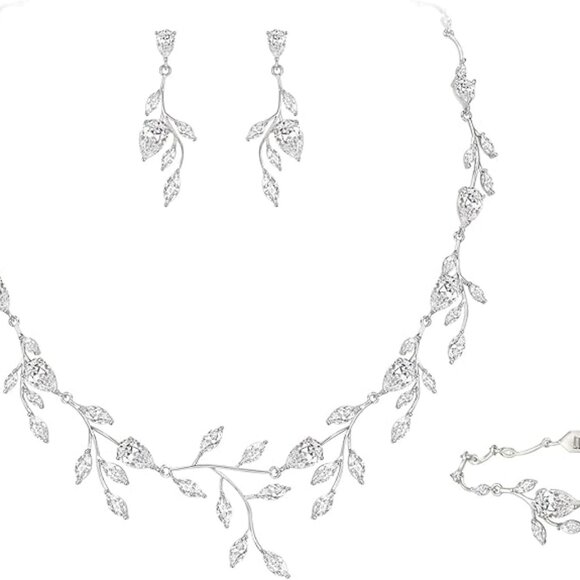Cubic Zirconia Pear-Shaped Birthstone Leaf Necklace Earrings Set for Prom - Picture 1 of 4